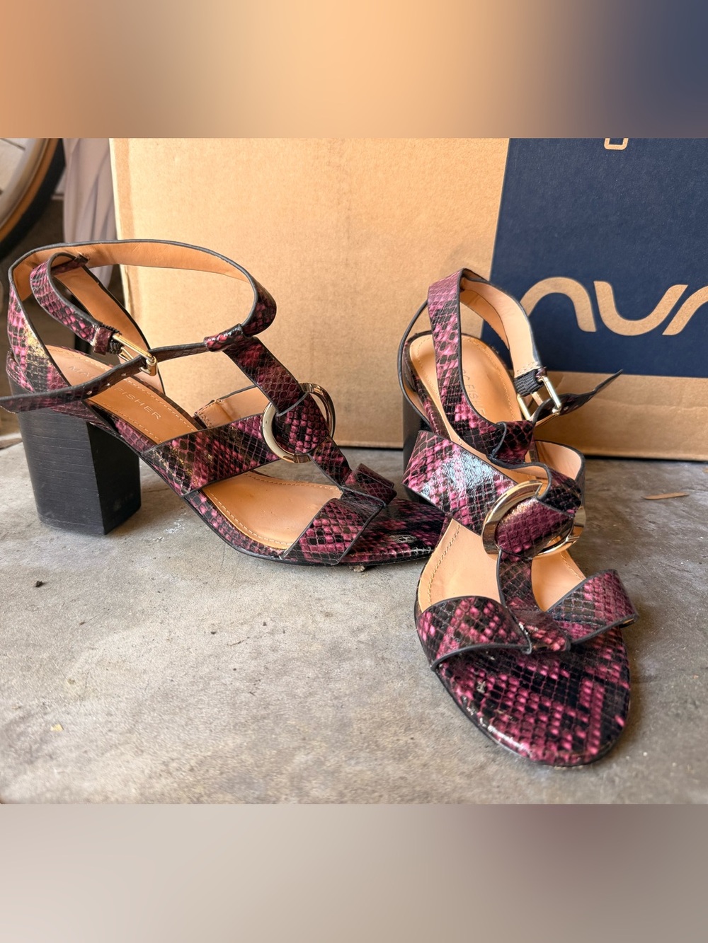 Marc Fisher Pink Snake-Print Block Heel Sandals- Marc Fisher